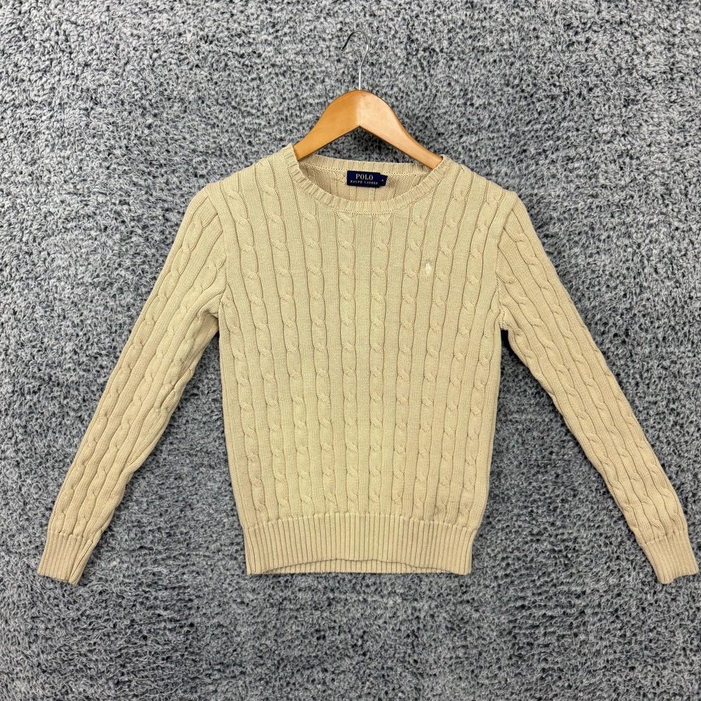 Polo Ralph Lauren Sweater Womens Medium Beige Cable Knit Crew Neck Pony Cotton